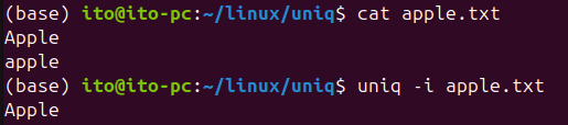 Figure 6. Removing duplicates case-insensitively using the Linux command uniq with the -i option