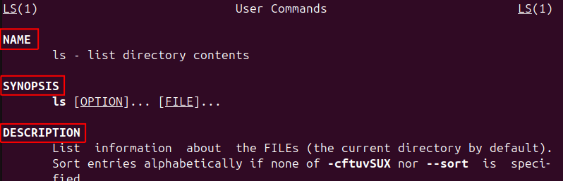 Figure 1. Top section of the Linux command man ls output