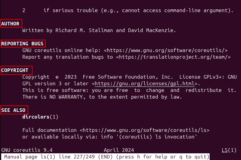 Figure 2. Bottom section of the Linux command man ls output