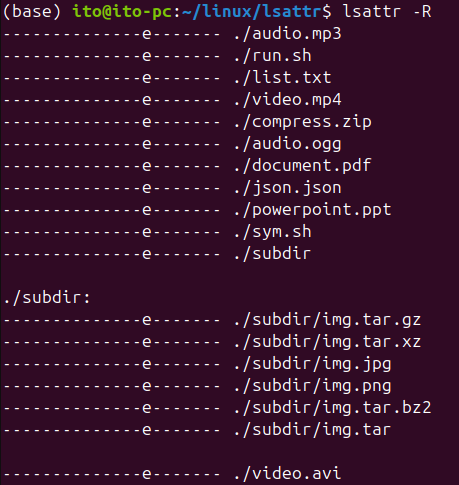 Figure 3. Linux command lsattr: Recursively viewing file attributes using the -R option