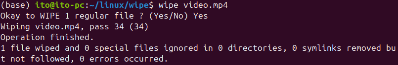 Figure 1. Linux command wipe: Basic deletion (35 overwrites)