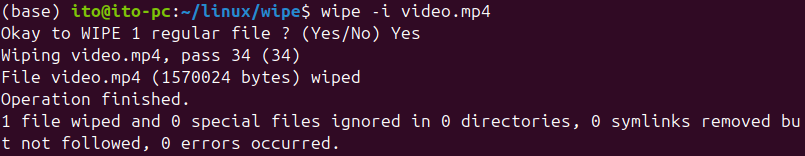 Figure 6. Linux command wipe: Displaying file size with -i option