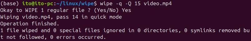 Figure 4. Linux command wipe: Specifying 15 overwrites for quick deletion